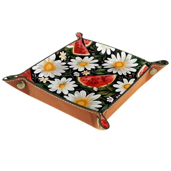 Jewelry Dish Trinket Tray Home Decor Wedding Gift for Her Small Ring Holder Watermelons Daisy Flower Pattern Flag, 16x16cm