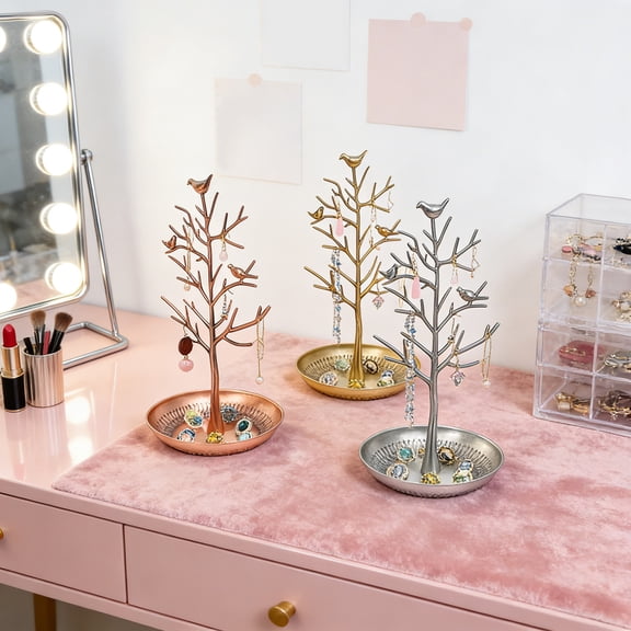 Jewelry Display Necklace Earring Organizer Holder Metal Birds Tree Stand with Tray Antique Bracelet Rings Rack Tower Decoration for Women Girl (11.8 Inch Gold 1PC)