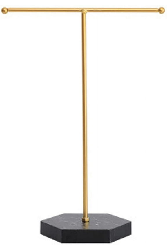 Jewelry Display, Necklace Holder T-Bar Plated Metal, Tabletop Jewelry Organizer Tower for Show Jewelry Hanging Pendant Earring Bracelet Ring Accessorie with White Marble Plywood Bases(Black)