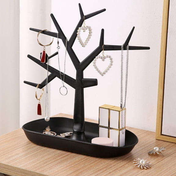 Jewelry Display Necklace Stand Tree, 10.6" Plastic Earring Organizer Holder, Antique Bracelet Rings Rack Tower with Tray, Jewelry Ring Organizer Tray Home Decor for Home Entryway