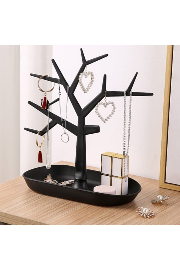Jewelry Display Necklace Stand Tree, 10.6" Plastic Earring Organizer Holder, Antique Bracelet Rings Rack Tower with Tray, Jewelry Ring Organizer Tray Home Decor for Home Entryway