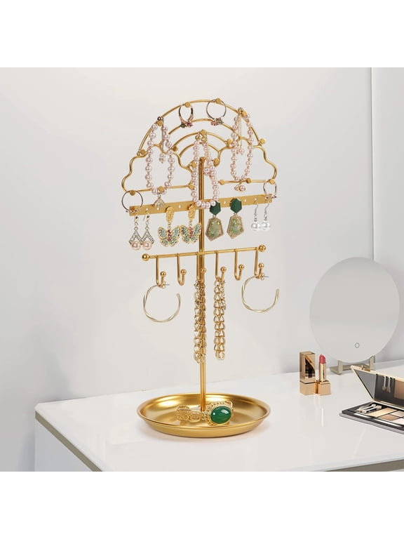 Jewelry Display Rack Metal Organizer Stand | Hanging Earring Necklace Bracelet Holder | Vertical Storage Tree - Black Gold | Butterfly Cloud Heart Designs | 14x35cm | For Vanity Dresser | 1 Piece
