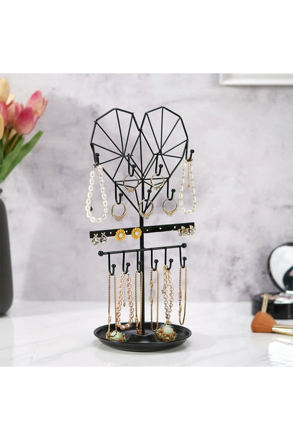 Jewelry Display Rack Metal Organizer Stand | Hanging Earring Necklace Bracelet Holder | Vertical Storage Tree - Black Gold | Butterfly Cloud Heart Designs | 14x35cm | For Vanity Dresser | 1 Piece