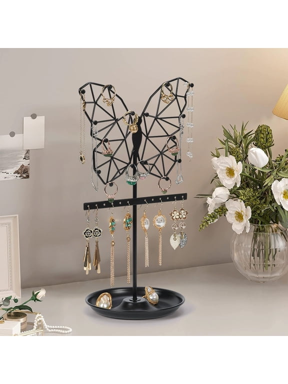 Jewelry Display Rack Metal Organizer Stand | Hanging Earring Necklace Bracelet Holder | Vertical Storage Tree - Black Gold | Butterfly Cloud Heart Designs | 14x35cm | For Vanity Dresser | 1 Piece