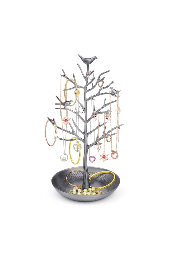 Jewelry Display Stand, Earring Necklace Holder Tree Tower Rack Hanging Organizer - Ideal for Bangles Pendants Anklet (Silver)