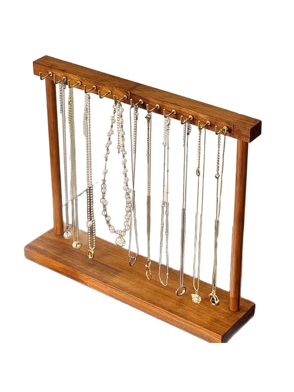 Jewelry Display Stand Height Necklace Holder with 12 Hooks Wood Jewelry Hanger Display with Gold Hooks for Hanging Necklace Bracelet Watchs