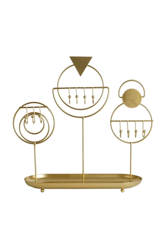 Jewelry Display Stand Wrought Iron Gold Finished With Multiple Hooks Hanging Slots And Tray For Earring Necklace Bracelet Ring Storage Vanity Dresser Organizer 11.02X9.84X3.94 Inches