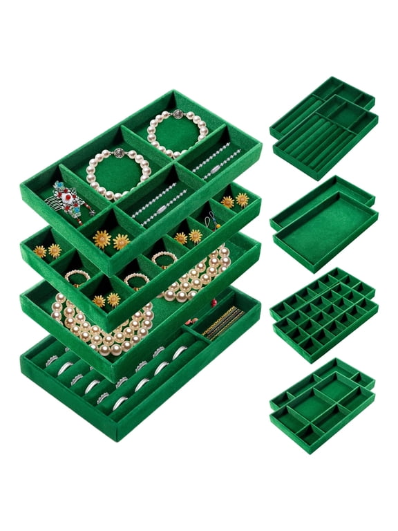 Jewelry Drawer Organizer Inserts, 12 Pack Stackable Velvet Jewelry Trays for Drawers, Organization Storage Display Case Box for Earring, Necklace, Ring, Bracelet, Watch (Green)