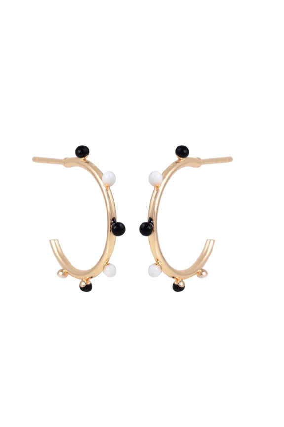 Women Elegant Designer Earrings Enamel Ball Hoops Black White