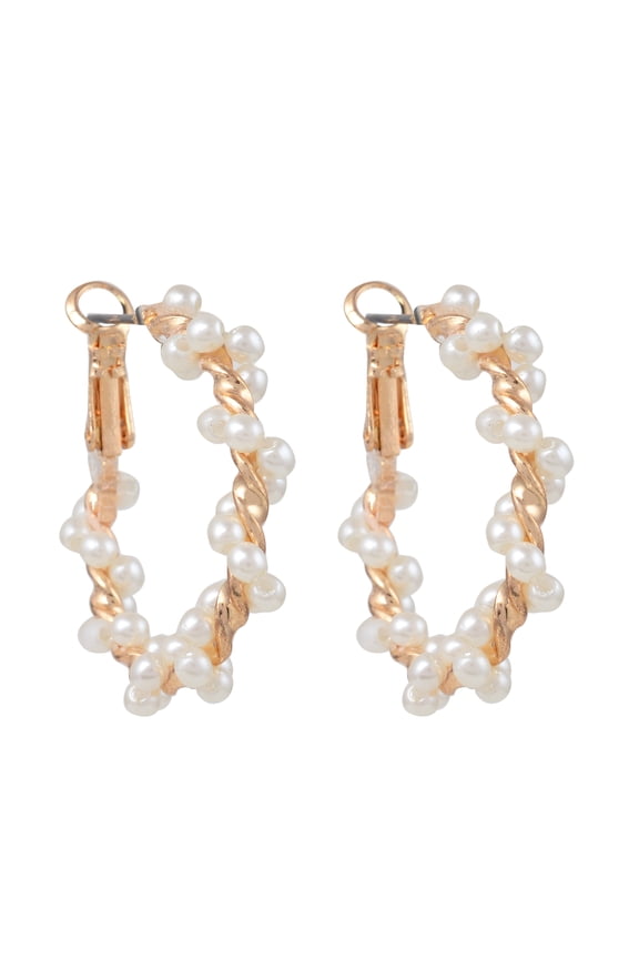Women Fashion Earrings Twisted Pearl Hoops Yellow Gold Wedding