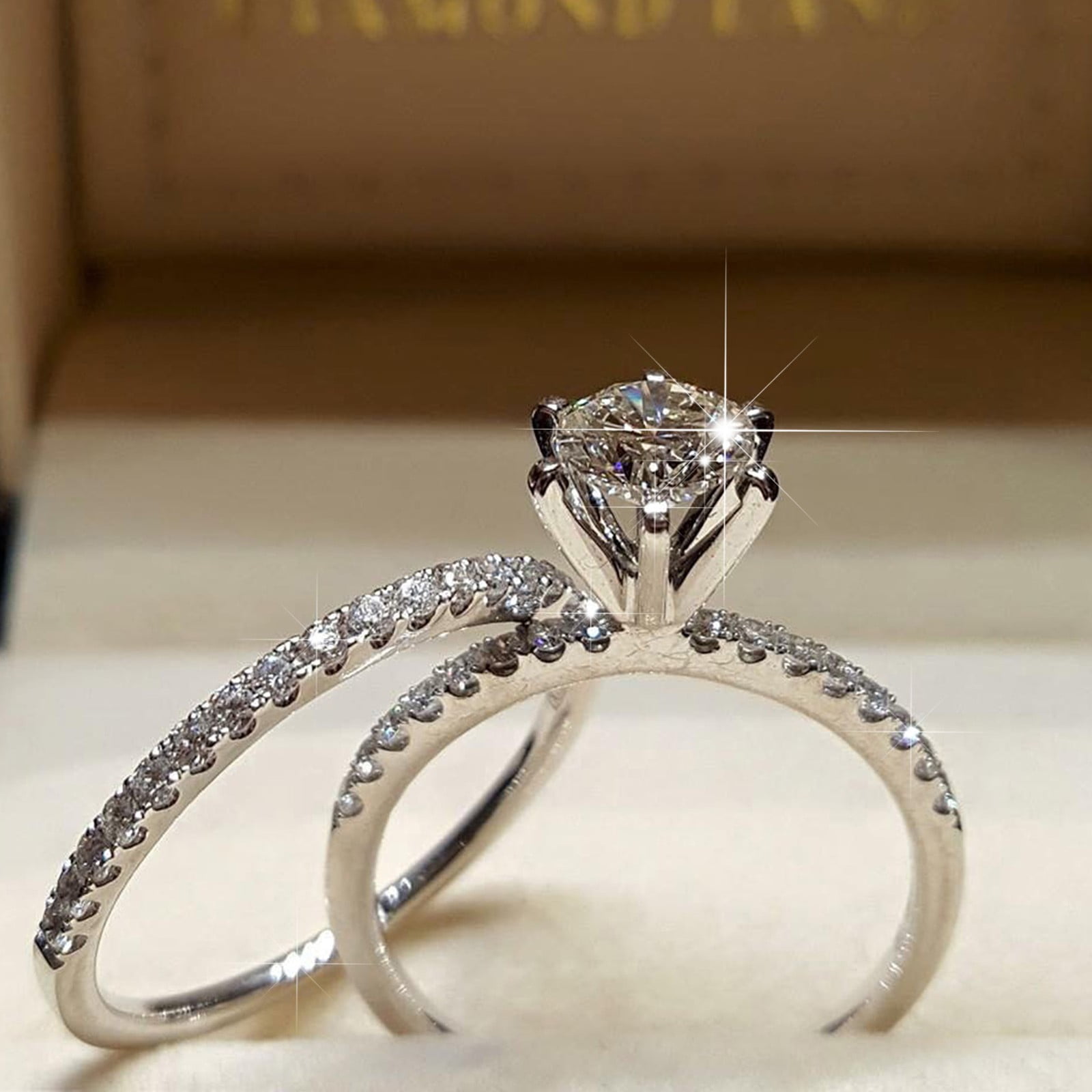 2PCS Silver White Diamond Rings Diamond Luxury Jewelry Engagement Rings  Couple