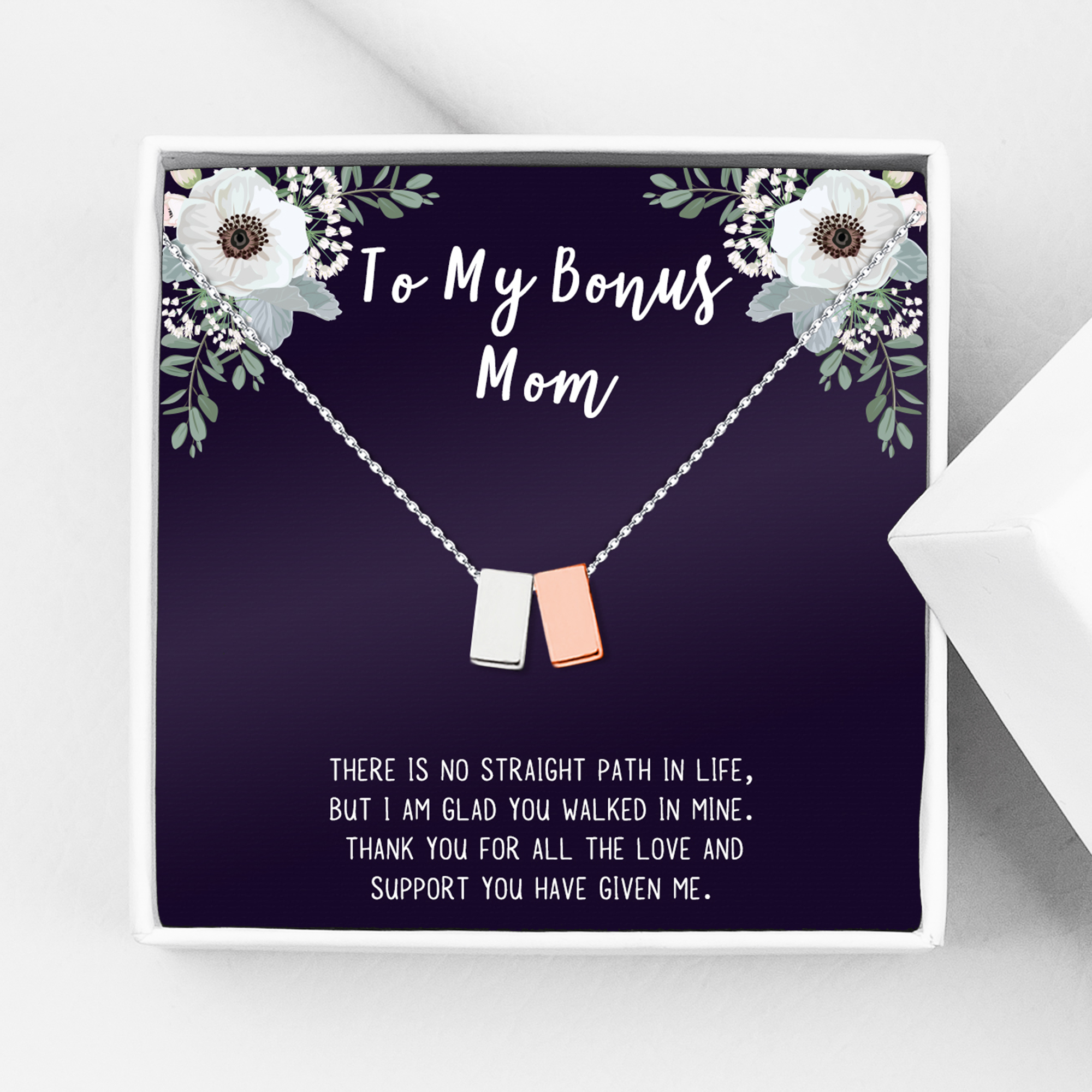 Jewelry Gift for Mother's Day, Card and Necklace Gift for Step Mom, Cube Necklace for Mother's Day, Jewelry for Step Mom Mother's Day Gift [Silver-Rose Gold, No-Personalized Card]