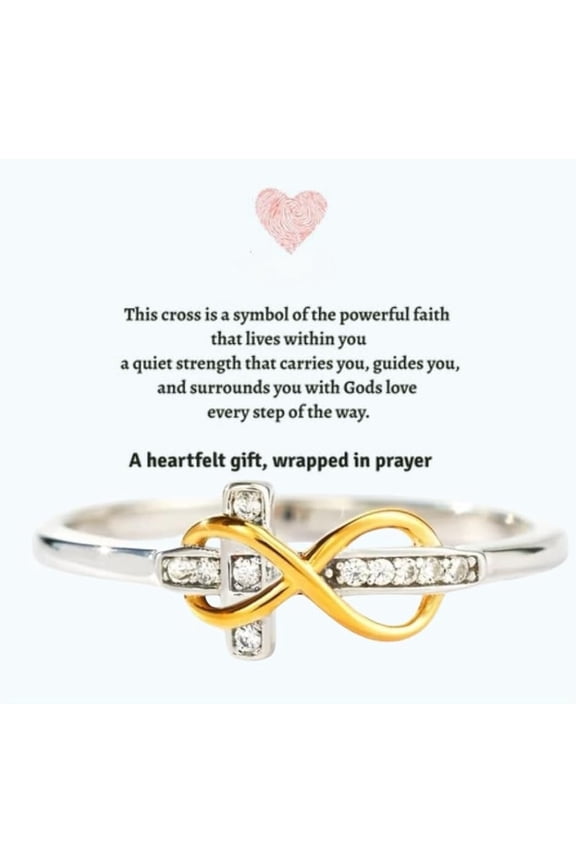 Jewelry Gift for Women of Faith | Adjustable S925 Sterling Silver Cross Ring | 18K Gold Plated Infinity Design w/ Cubic Zirconia | Inspirational Religious Gift with Message Card | Walk in Faith