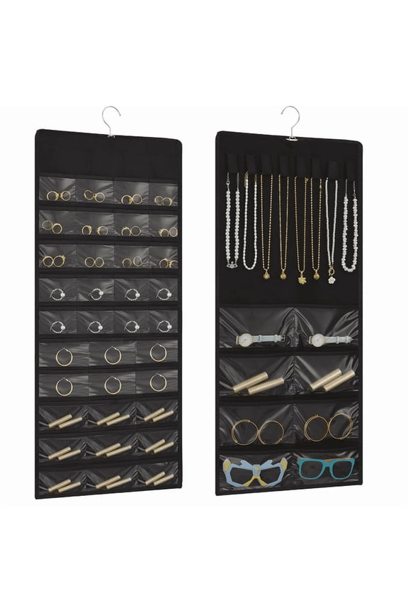 Jewelry Hanging Organizer Storage Organizer, 48 Pockets Storage Holder, Toy Car Display Case for Rings Necklaces Collectibles (Black)