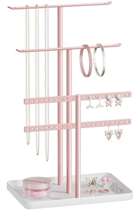 Jewelry Holder Organizer, 12.5'' Tall Sturdy Metal Stand, 3-Tier Jewelry Hanger for Necklace, Earring, Bracelet, Ring, for Display and Storage, Aesthetic Room Decor, Pink