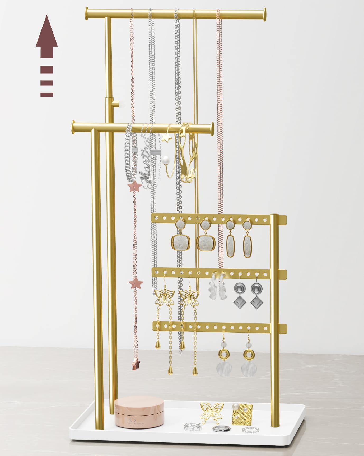 NIFFGAFF Jewelry Holder Organizer Stand: Sturdy Jewelry Hanger for Necklaces, Earrings, Bracelets, Rings, Jewlery Display and Storage, Gold