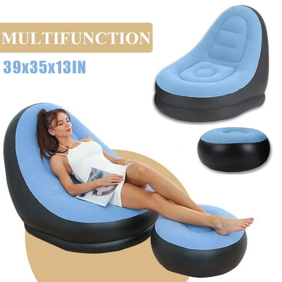 Jewelry Inflatable Deck Chair with Air Pump, Foldable Patio Lounge Chairs with Footstool, Indoor Lazy Sofa Lounge Bed for Living Room Bedroom, Outdoor Travel, Beach Chaise Lounges, Blue