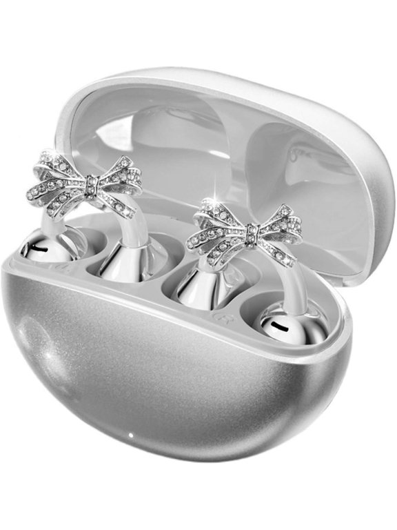 Jewelry-Inspired Clip-On Earbuds with Detachable Bow Earrings, Open Ear Bluetooth Wireless Headphones for Women, Fit for Sports & Summer Workouts