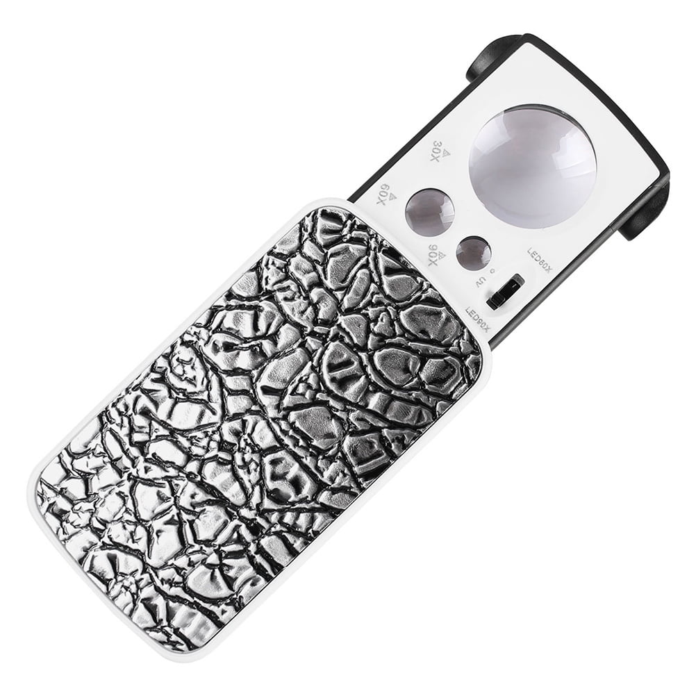 Jewelry Magnifier 30X 60X 90X LED Illuminated Magnifying Glass,for Gems Jewelry Rocks Stamps Watches Hobbies Antiques Models Photos (Silver)