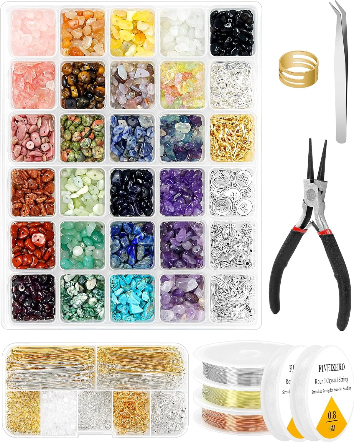 Jewelry Making Kit - 1956 PCS Natural Chip Stone Beads(25 Colors, 4-12mm) with Crystal Beads, Metal Charms, Jump Rings & Earring Hooks for DIY Bracelets, Necklaces, Earrings