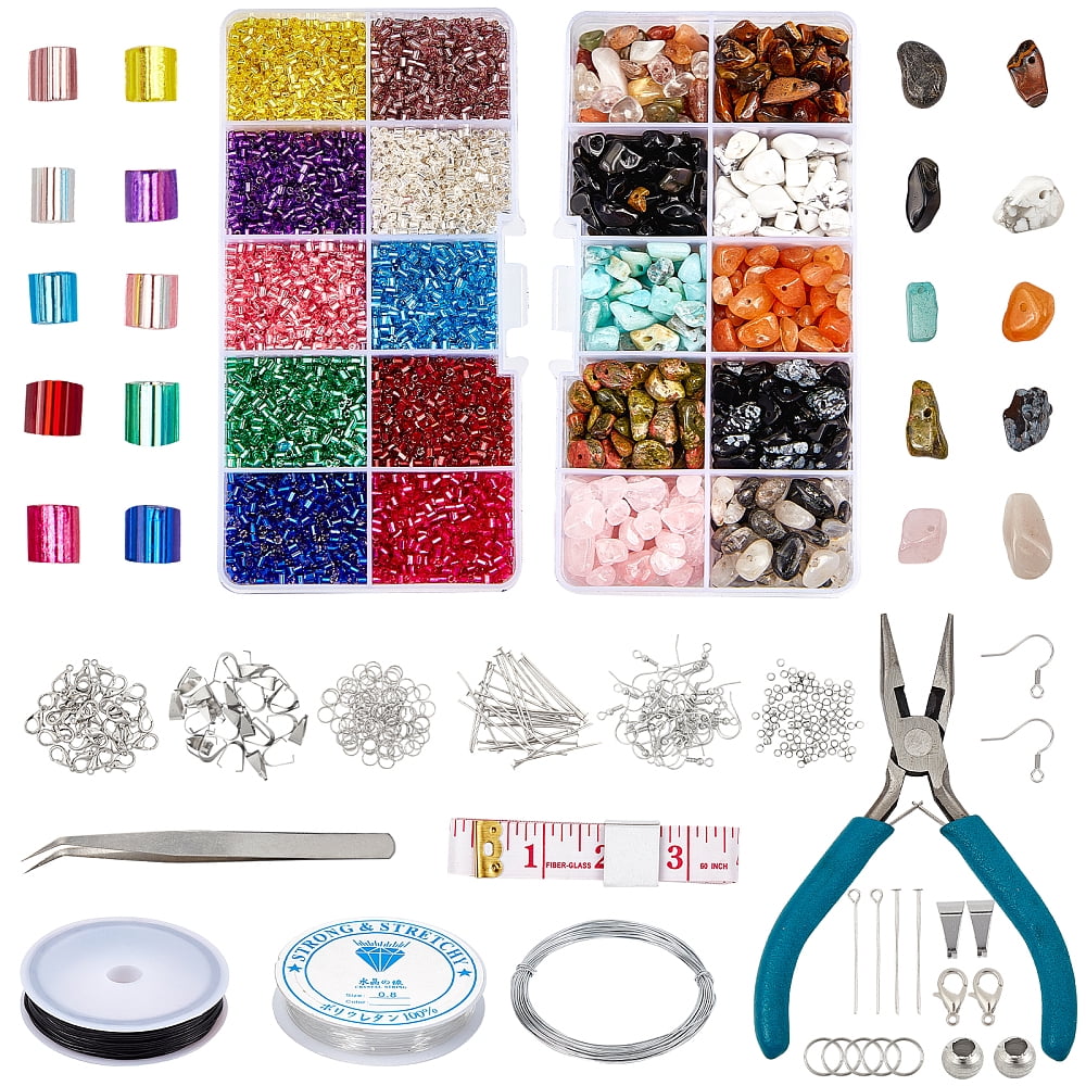 Jewelry Making Kit 430 pcs 10 Colors Chip Stone Beads 110g 2mm Seed Beads Crimp Beads Jump Rings Ice Pick Pinch Bail Earring Hook Lobster Claw Clasp