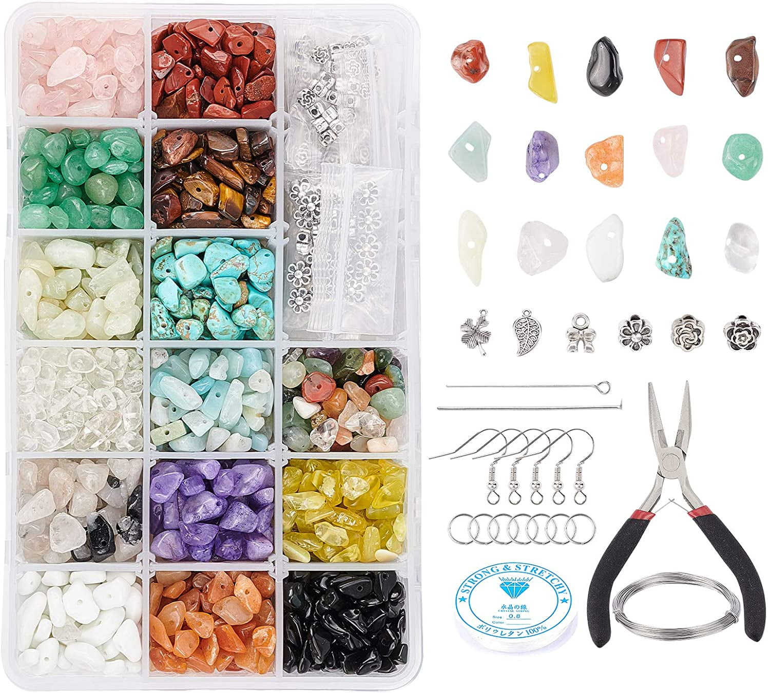 Jewelry Making Kit Including Chip Beads Alloy Pendants Flower Beads Jump Rings Head Pins Eye Pin Earring Hooks Plier Elastic Thread Aluminum Wire