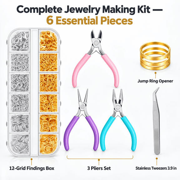 Metal Jewelry Making Kit for Beginners, 12‑Grid Findings Set with 3 Pliers, Tweezers & Ring Opener, Diy Earring & Bracelet Repair Supplies