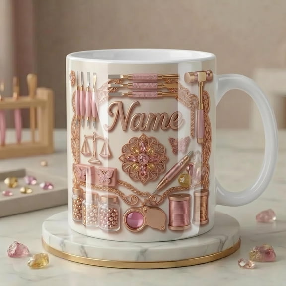 Jewelry Making Mug 3D, Jewelry Maker Coffee Cup, Custom Name Artisan Gift, Faux 3D Effect Mug