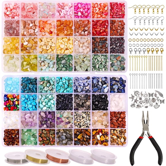 Jewelry Making Supplies Kit 1800pcs 56 Colors Crystal Beads, Bracelet Making Kit Gemstone Chip Beads Irregular Natural Stone Jewelry Pliers, Beading Wire, Earring Hooks, Rings for DIY Crafter