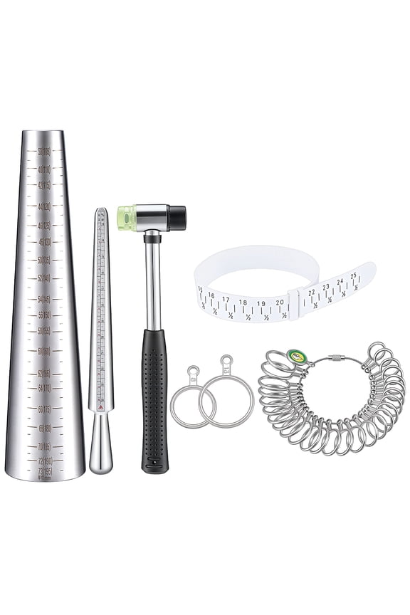 Jewelry Measuring Tool Sets with Aluminium Ring Size Sticks Ring Mandrel Alloy American Calibration Ring Sizers Professional Model and Iron Hammer