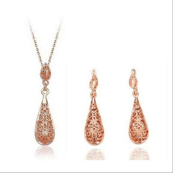 Jewelry Metal Hollow Pattern Water Drop Women's Earrings And Necklace Set