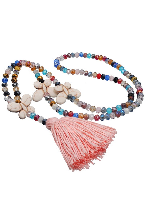 Jewelry On Women Pendant Tassel Sweater Chain Hand-Made Crystal Bead Necklace Pink