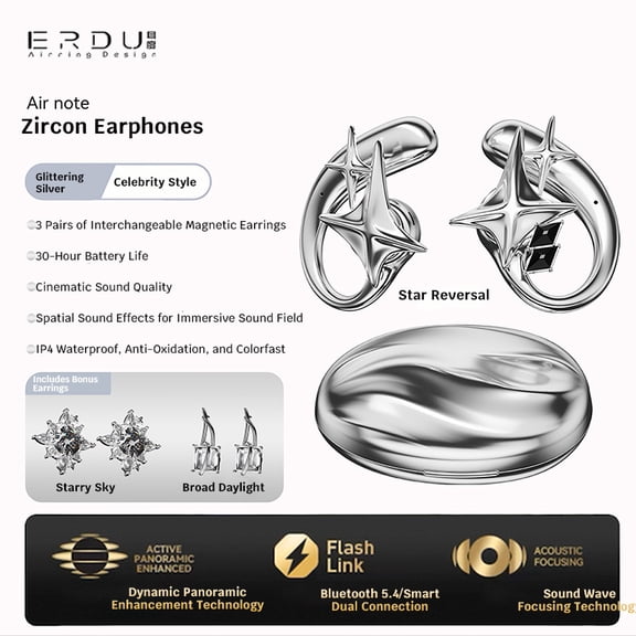 Jewelry Open Ear Clip-on Earbuds, Starry Ear Cuff Wireless Headphones, 30H Playtime, Bluetooth 6.0 Earring Earphones for Women, 2 Pairs Interchangeable Magnetic Crystals
