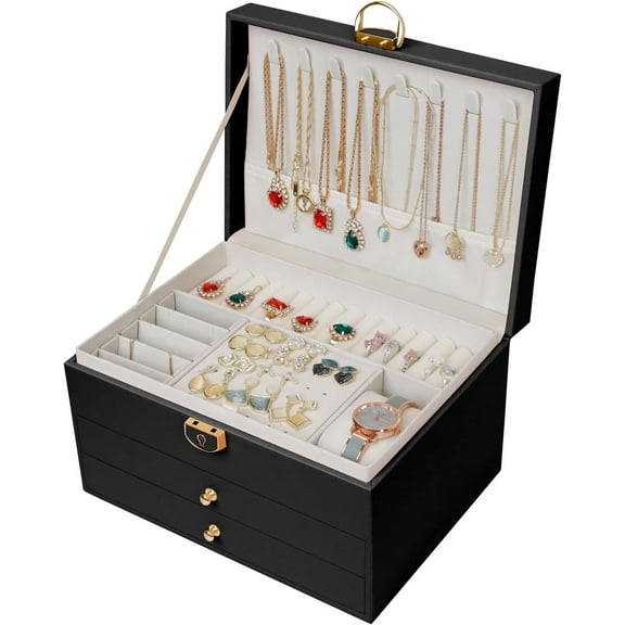 Jewelry Organizer Box, 3 Layers with 2 Drawers Women Jewelry Box, Large Jewelry Organizers Jewelry Boxes Display Earring Necklace Watch Bracelet and Rings (Black)