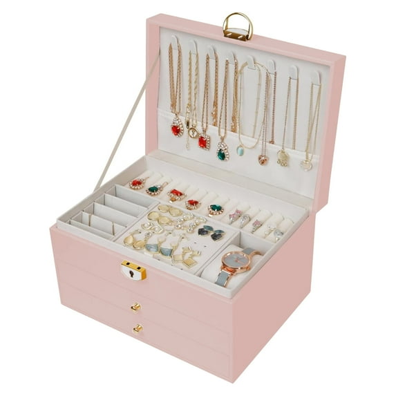 Jewelry Organizer Box, 3 Layers with 2 Drawers Women Jewelry Box, Large Jewelry Organizers Jewelry Boxes Display Earring Necklace Watch Bracelet and Rings (Pink)