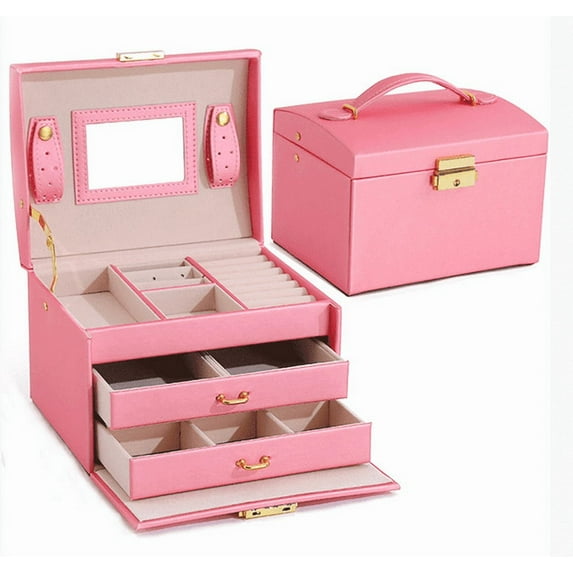 Jewelry Organizer Box, 3 Layers Large Jewelry Box with Travel Jewelry Case and Removable Tray, Jewelry Storage Case with Mirror for Necklaces Earrings Rings Bracelets Watches (Red)