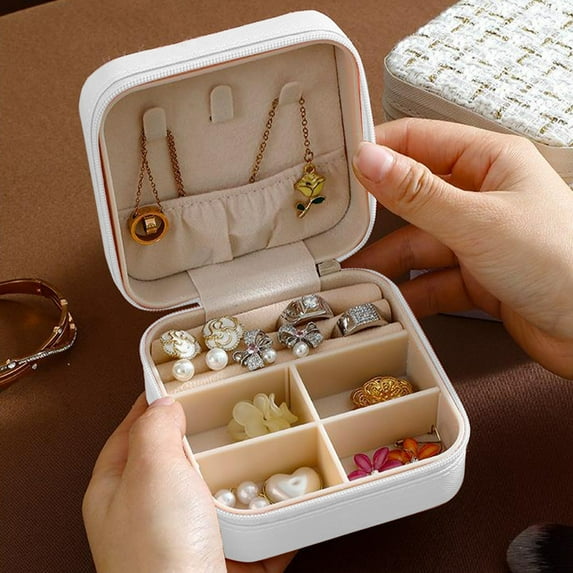 Jewelry Organizer Box | Portable Travel Leather Storage Case for Rings Earrings Necklaces | Small Multi-Grid Divider | Soft Interior | Compact 10x10x5cm | White Pink | 1 Pc