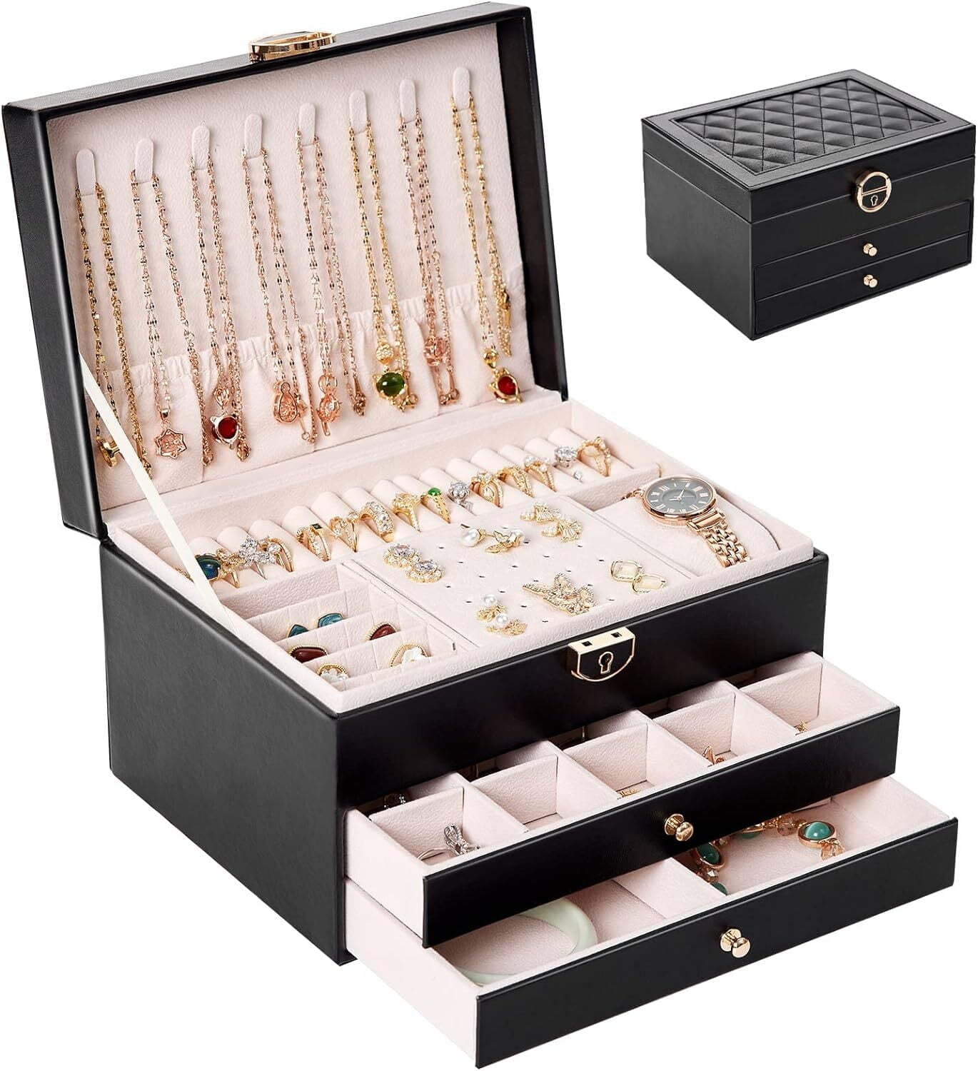 Jewelry Organizer Box for Women Girls, 3 Layers Large PU Leather Jewelry Organizer Holder of the drawer for Christmas Birthday Valentine Gift -Black Box Jewelry Organizer