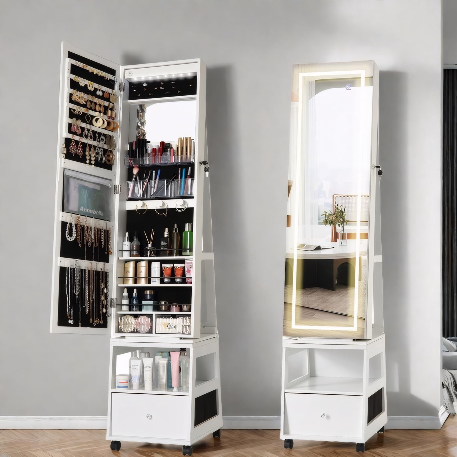 Jewelry Organizer Cabinet with Full-Length Mirror, 360° Rotating Vanity