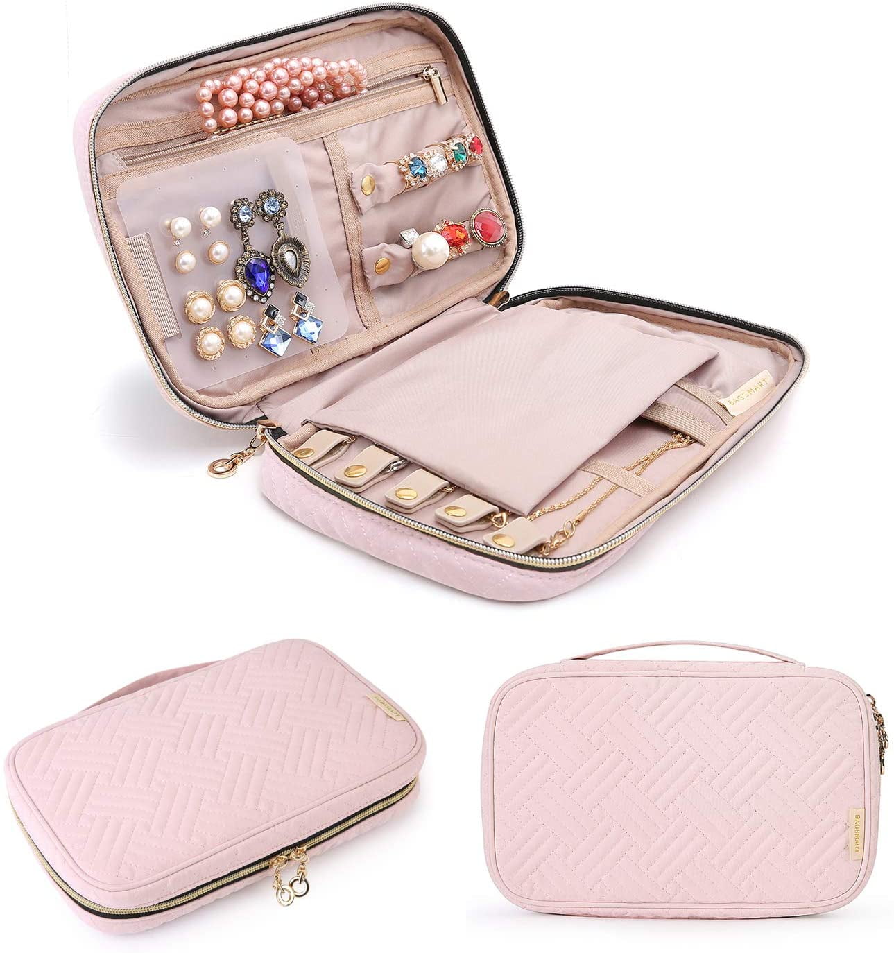 Soft Pink Rectangular Travel Jewelry Organizer with Buckle and Zipper Closure