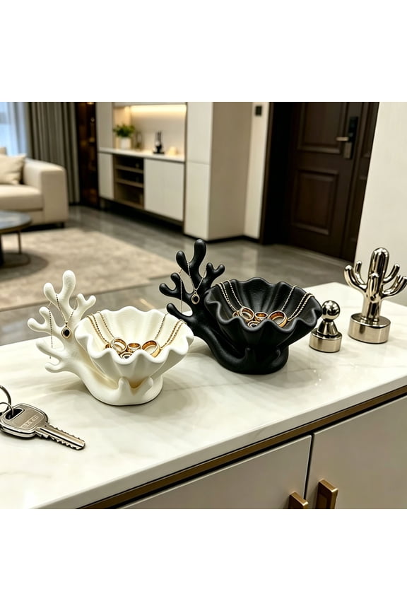 Jewelry Organizer,Coastal Seashell Resin Craft Storage Tray With Built In Necklace Hanging Branch for Ring Earring Arrangement,Desktop Vanity Decor and Mini Plant Plant Display(Black)