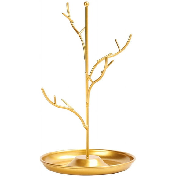 Jewelry Organizer, Display Necklace Earring Tray Holder, Metal Tree Stand with Tray Antique Bracelet Rings Rack Tower Decoration for Women Girl 8.5 Inch, Gold