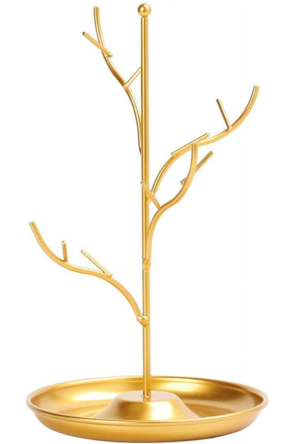 Jewelry Organizer, Display Necklace Earring Tray Holder, Metal Tree Stand with Tray Antique Bracelet Rings Rack Tower Decoration for Women Girl 8.5 Inch, Gold
