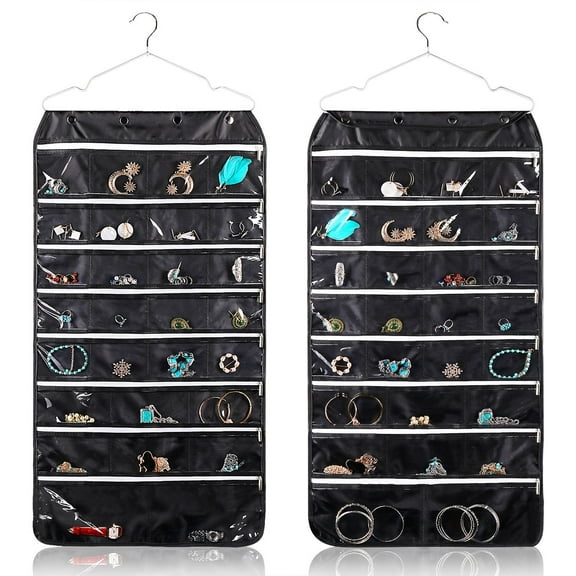 Jewelry Organizer Hanging Bag with Hook - Foldable Non-Woven Fabric Earring Storage Display Holder with Dual Side 56 Clear Zipper Pockets for Necklace Bracelet Ring Accessories, Black
