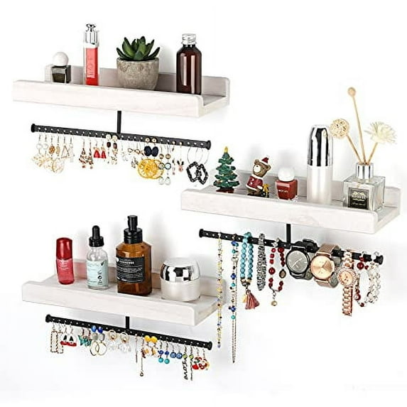 Jewelry Organizer Hanging Jewelry Holder Rustic Wood Wall Mounted Jewelry Storage for Necklaces Bracelets Earrings Rings Display, White