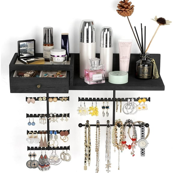 Jewelry Organizer Hanging Wall Mounted Jewelry Holder with Rustic Wood Drawer & Large Capacity Storage Shelf Rack Display for Earrings Rings Necklaces Bracelet(Black)