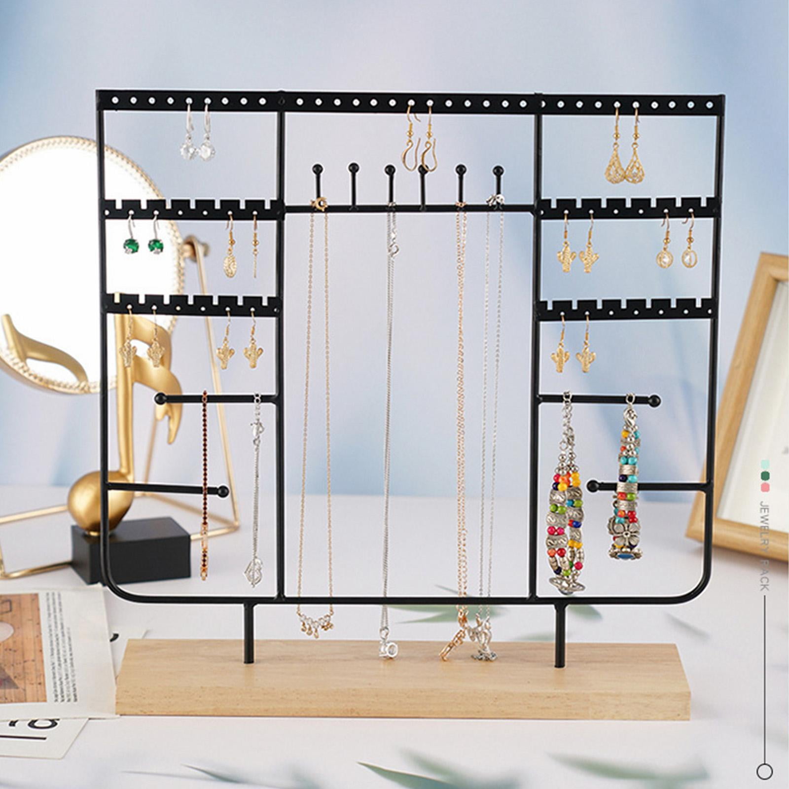 Jewelry Organizer Holes with Wood Base Multi Tiers Metal Hanging Holder Jewelry Tree for Earrings Necklace Girls Gift Women