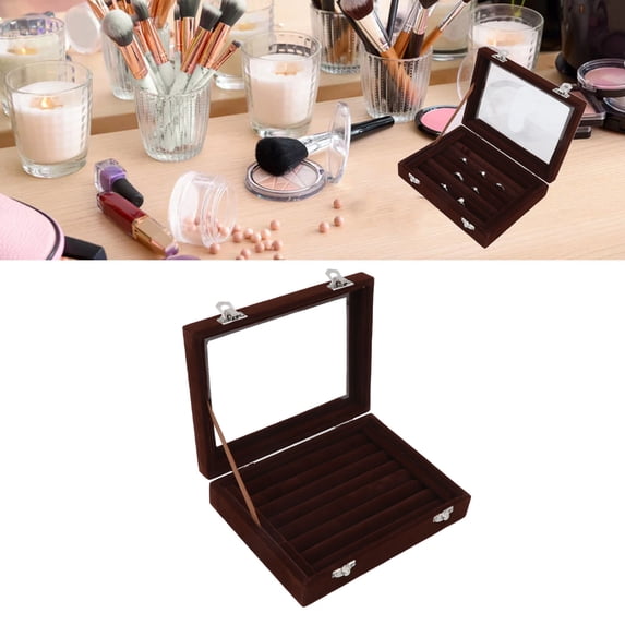Jewelry Organizer, Jewelry Box, Compressed Wood and Velvet Lining Elegant Jewelry Display Box with Clear Glass Lid Enables Clear Display of Your Stored Jewelries while Keeping Them Dust Free, Brown