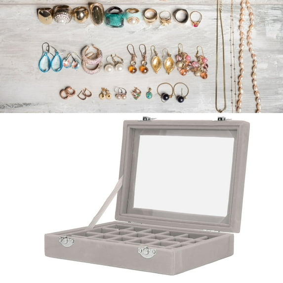 Jewelry Organizer, Jewelry Box, Compressed Wood + Velvet Lining Small Jewelry Box Organizer with 24 Compartments Jewelry Case and Clear Glass Cover To Clearly Display Your Stored Jewelry, Gray