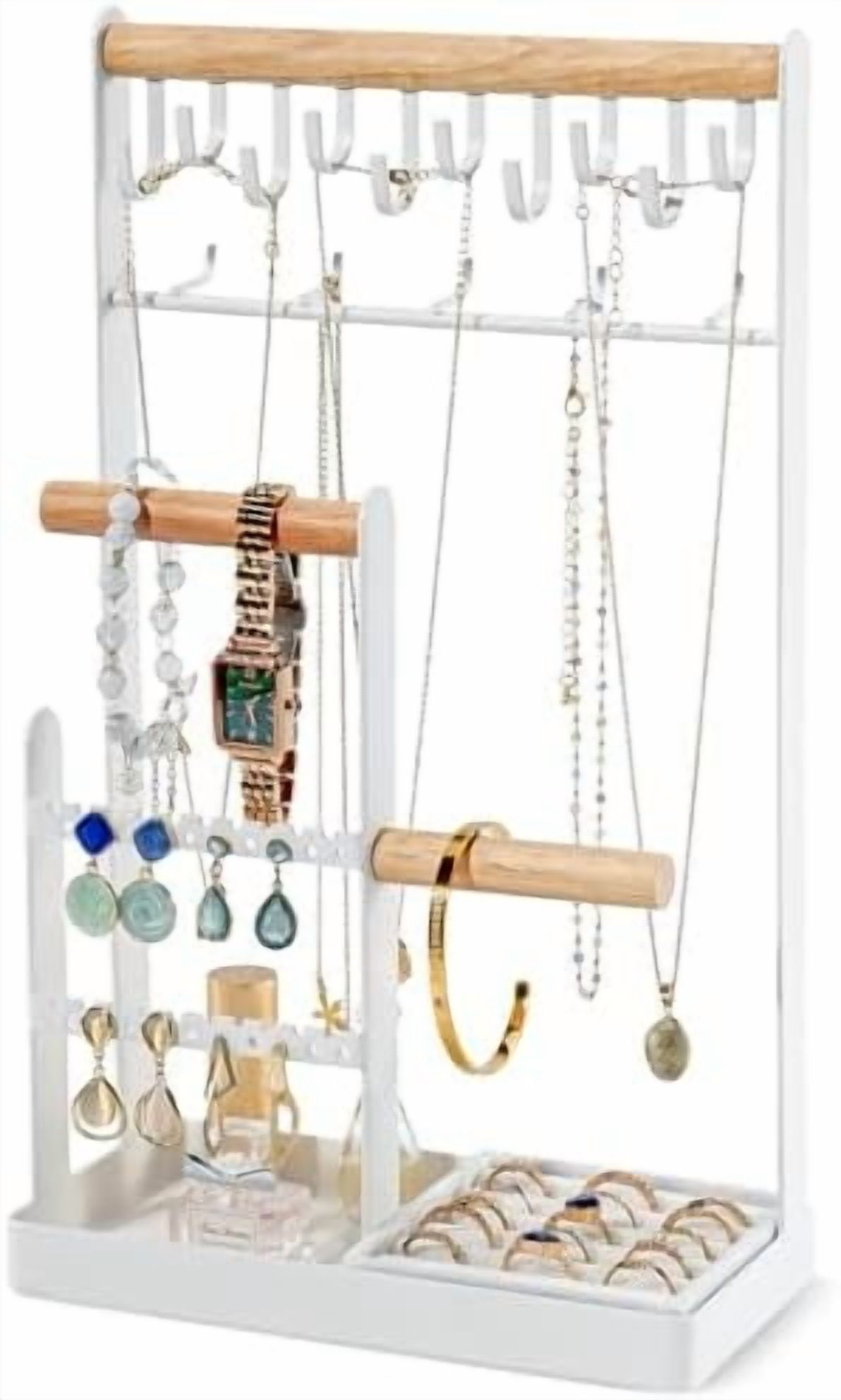 Jewelry Organizer Jewelry Stand Jewelry Holder Organizer, 4-Tier Necklace Organizer with Ring Tray, Large Aesthetic Jewelry Tower Storage Rack Tree for Bracelets Earrings Rings -Large, White